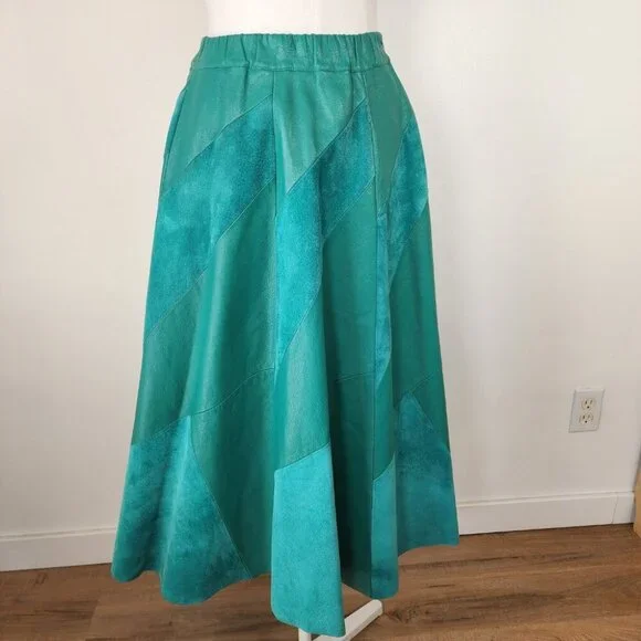 Vintage Green Leather Suede Midi Skirt Unique Geometric Artsy Fits M? SEE NOTE - Picture 2 of 11